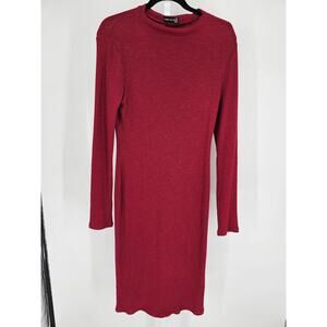 Vintage Y2K Women Sz L Long Sleeve Ribbed Midi Sweater Dress Solid Red Popular21